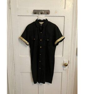 100% Linen Vintage Black Adrianna Papell Midi Shirt Dress with Gold Buttons